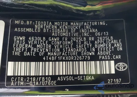 2013 Toyota Camry Xle z USA, uszkodzony, nr VIN 4T4BF1FKXDR326779